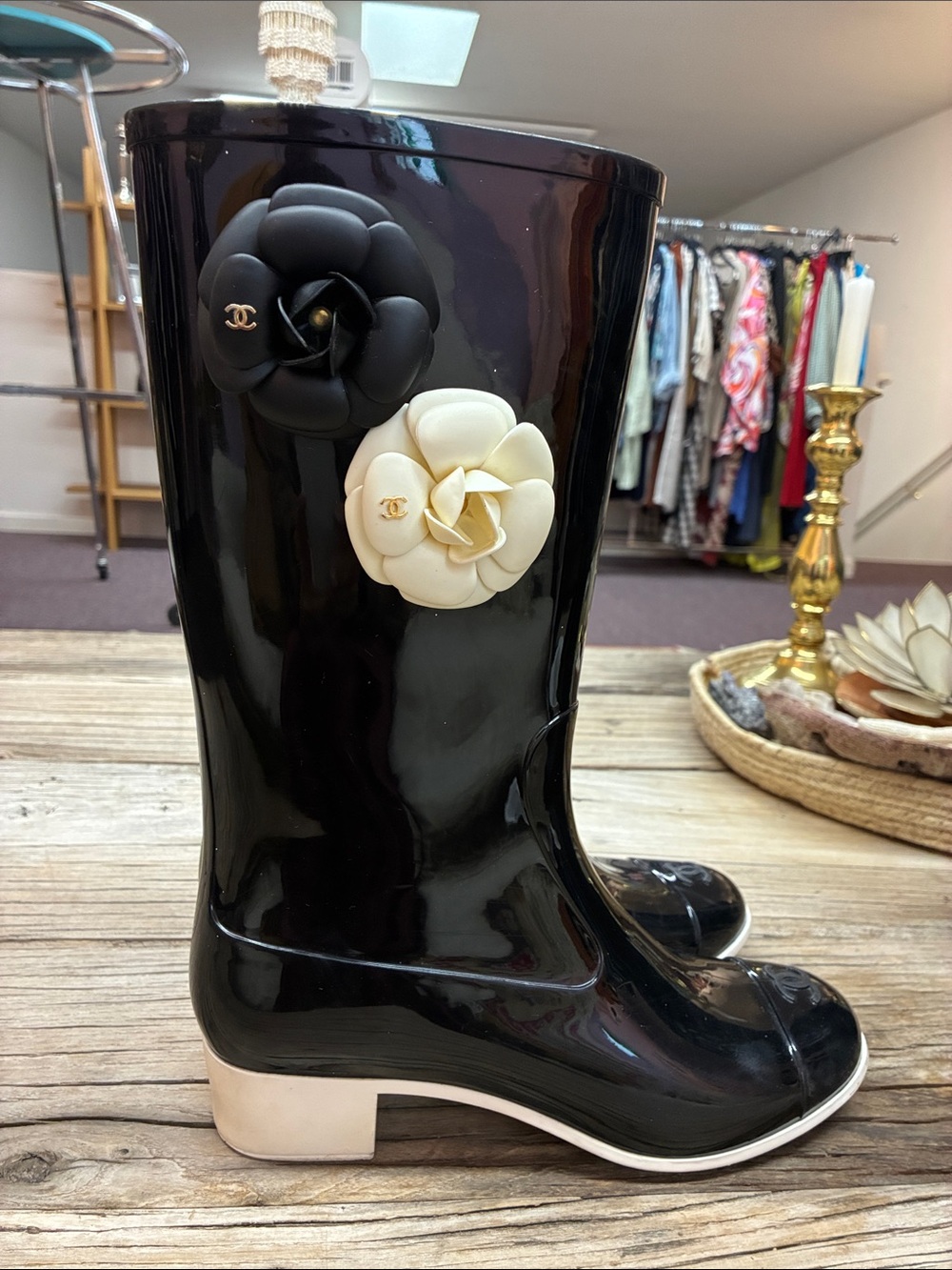 Chanel Black Rubber Camelia Rain Boots Glossy Size 39 - Picture 5 of 9
